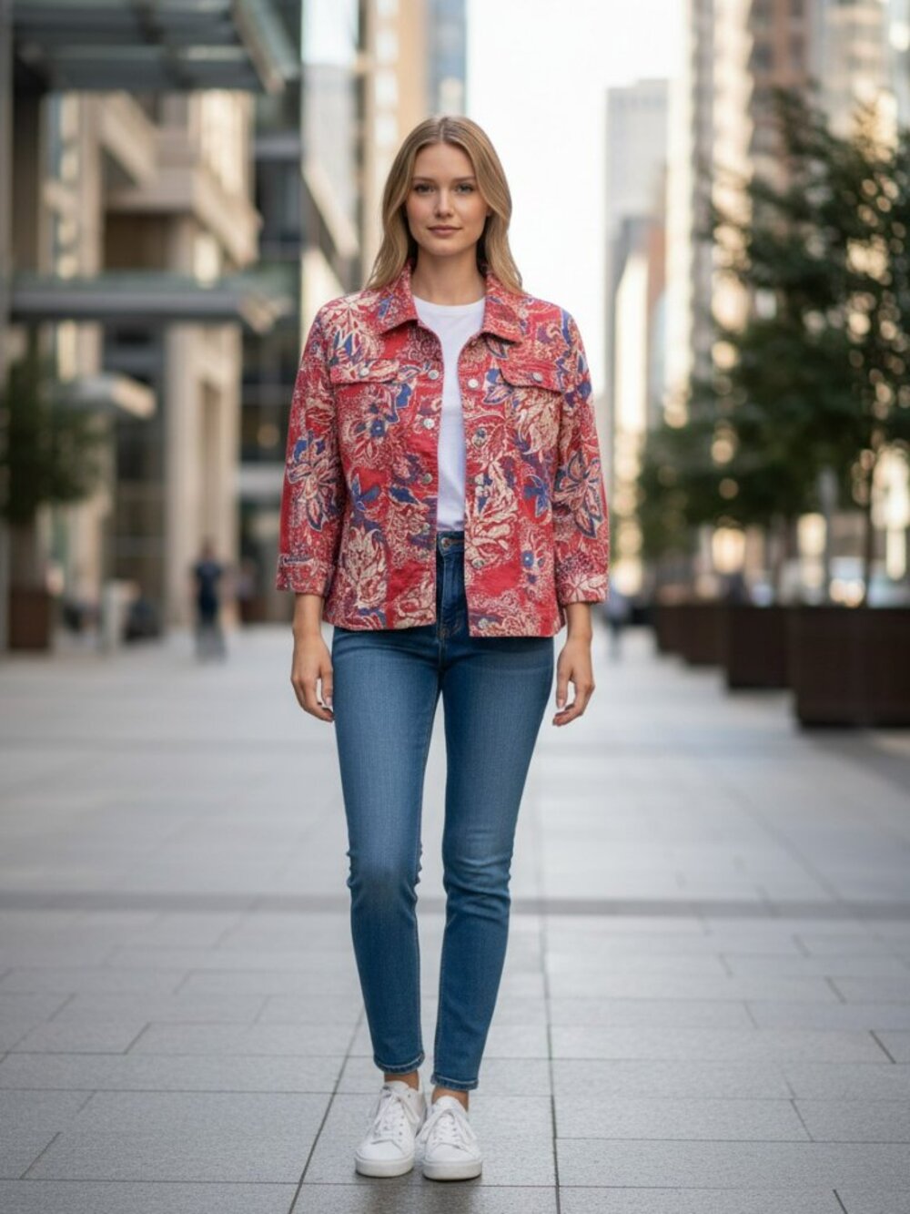Red‎ Paisley Denim Jacket with Long Sleeves Snap Button Closure Size M/L